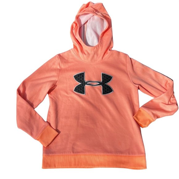 Under Armour Hoodie Pullover sz M Loose Funnel Neck Scuba Hood Logo Coral - Picture 1 of 6